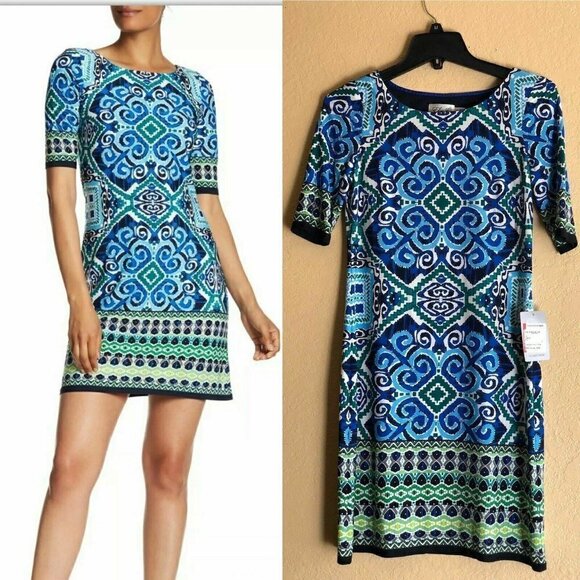 Eliza J Blue Abstract Short Sleeve Shift Dress 0 - Picture 1 of 12